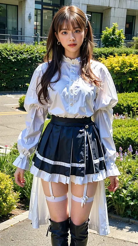 (8k、  RAW Photo from the Last Century 、Best Quality、masterpiece:1.2)、(Realistic、Realistic)、1 person、((black、 garter belt 、 see-through 、Frills、ribbon、 plaid mini skirt 、 temple、 big breasts at the temple、 Thin legs、curly hair、 garter belt 、garden、 boots 、 ...