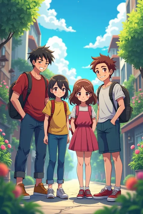 Create 4k image of 4 best friends in anime version...Age is 15....there are two boys and two girls...They should be handsome and cute