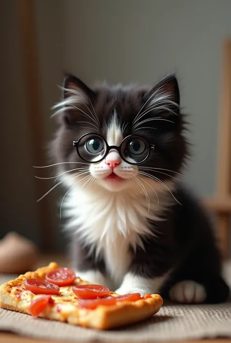 Black and white Persian kitten with round lenses, black nose, Eating pizza