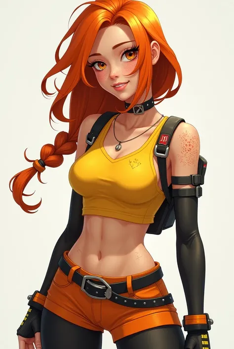  Generate me a picture draft for a main character in a game.  The main character is female , Has orange hair , black tight pants ,  short orange pants on top,  a cropped yellow undershirt, a necklace, Gloves, and lots of freckles .