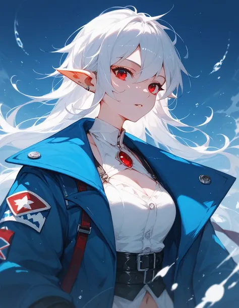 Shark Girl,White hair, in red eyes ,Pointed ears, put on a blue coat,cool,ใส่ถุงมือcool,