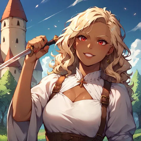 a mature dark skin woman in her late 20s has long wavy hair and red eyes. she wields a sword with one hand and is wearing medieval clothes. she stands outside a castle. she has a confident look on her face and is shouting.