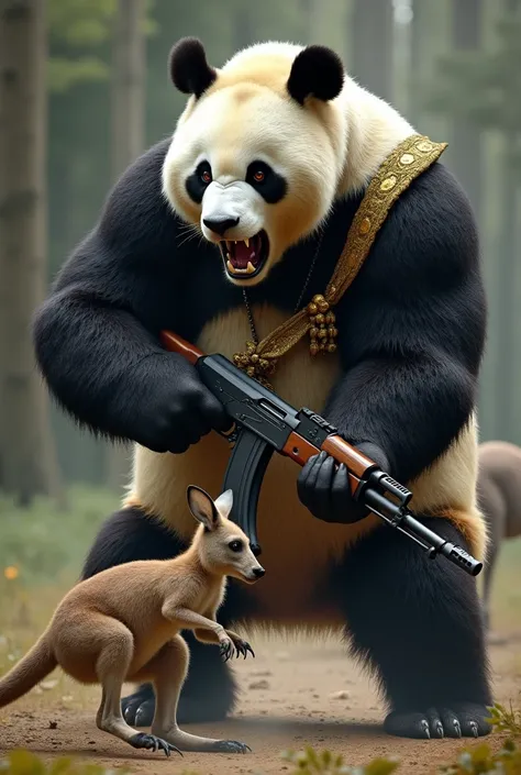 Big king panda with a gold cloth anda a gun ak47 kill a kangoro in the floor