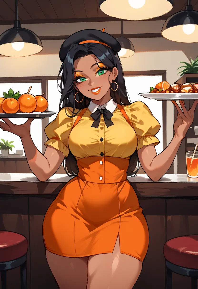 there is a woman holding a plate of food,  waitress costume    (mini orange skirt , yellow blouse, black beret), tanned,  thick ...