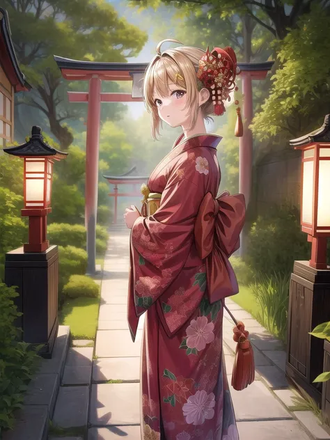 A high-resolution, 8K quality image of a seven-year-old Japanese girl visiting a Shinto shrine for Shichi-Go-San celebration. She is wearing a beautiful, traditional red kimono adorned with floral patterns, her hair styled with traditional accessories, and...