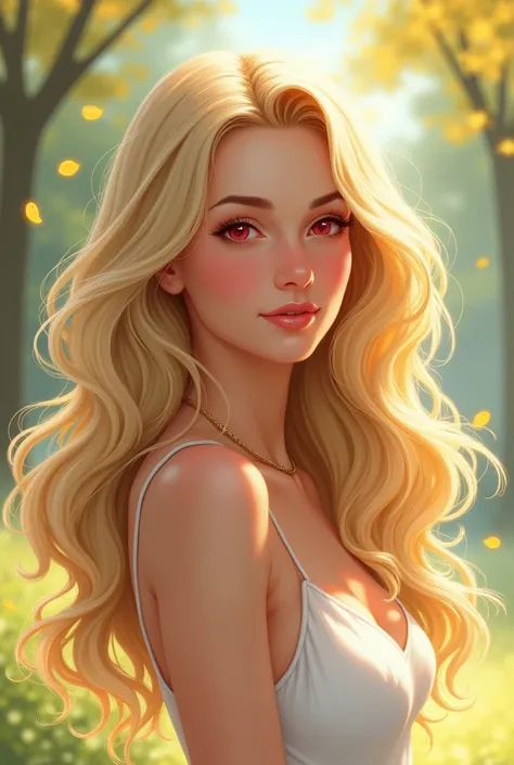 A drawing of a confident woman with long, flowing blonde hair, standing outdoors in a serene setting. She has a gentle, warm expression, with light makeup, slightly flushed cheeks, and striking red eyes. Her hair is styled in soft waves, cascading down her...