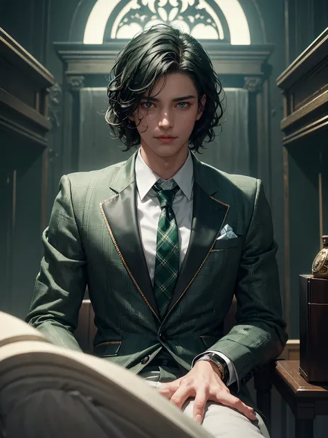 Masterpiece, Young Handsome Boy has short black hair, wavy hair, black eyes, clean-shave boy , 1boy, AS-Adult, He wears a dark green jacket, dark green tie, dark green tartan check pants. Symmetrical face. wavy-hair, totally-clean-shave. Wavy hair. (Best I...