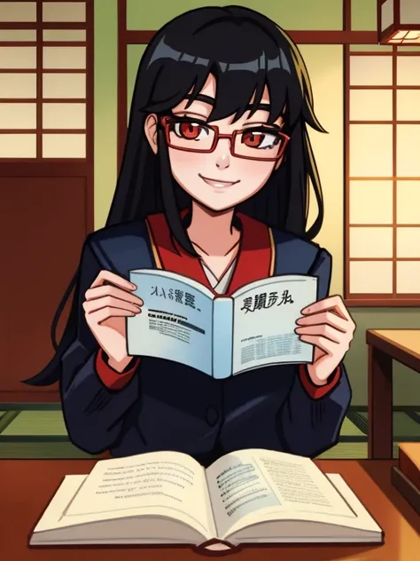 Masterpiece, 1girl, solo, Japanese student, teen, smiling, her appearance reflects her beauty and intelligence(shes wearing a black Japanese school uniform and red reading glasses)
