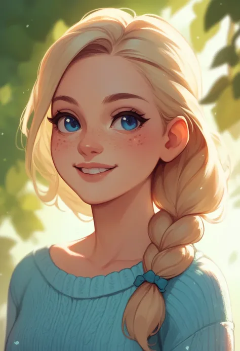 A cheerful girl with long blonde hair tied in a braid, bright blue eyes, and freckles, wearing a casual pastel sweater, very small bust, natural lighting, waist-up, minimalistic background