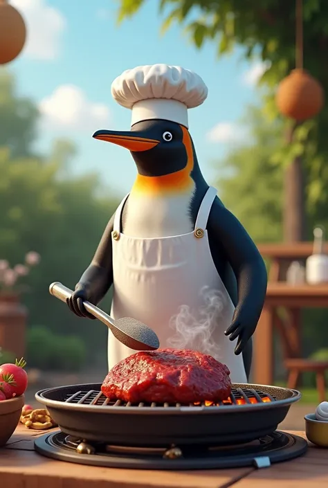 A little chef penguin preparing roast beef on a grill 
