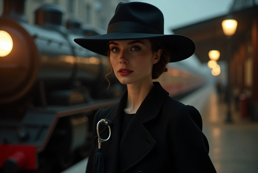 a high quality professional photo of a beautiful lady with 60s fashion style, black coat, big hat, under the big black umbrella, at the train station with an old train and steam engine smoke. The background features dim light, focusing on the ladys face wi...