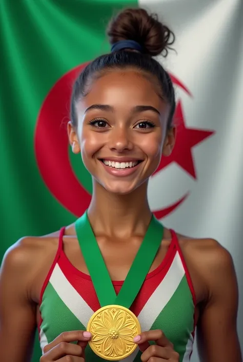 Young gymnast, a beautiful smile with a slightly larger swallow, a gold medal around her neck and the Algerian flag in green, white, Crescent Moon, red, 5-pointed star..