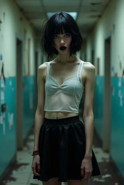 emo, fringe, black skirt, messy short hair, hair covering the eyes, light blue eyes, transparent white top, excited nipples, makeup, black lipstick, full body, abandoned hospital setting