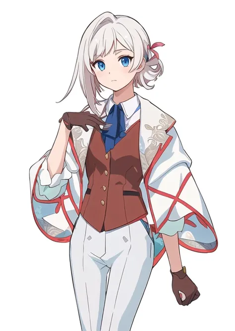 Anime girl with white hair and blue eyes wearing Nars clothes,  Official Character Art , Yaoi Kasuma, Spring Cherry Blossoms, Yoshinari,  Official Art, ( (  Character Concept Art ) ), wataru kajika, Hajime Yatate, Delicate androgynous prince, Official char...