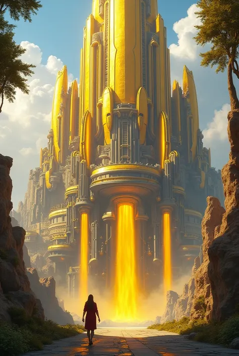 a majestic structure in futuristic style with golden roofs and bright yellow waterfalls, concept art, fantasy building, digital painting, style of jordan grimmer, warm lighting, futuristic, volumetric lighting, view from below, vivid colours, bright, dayti...