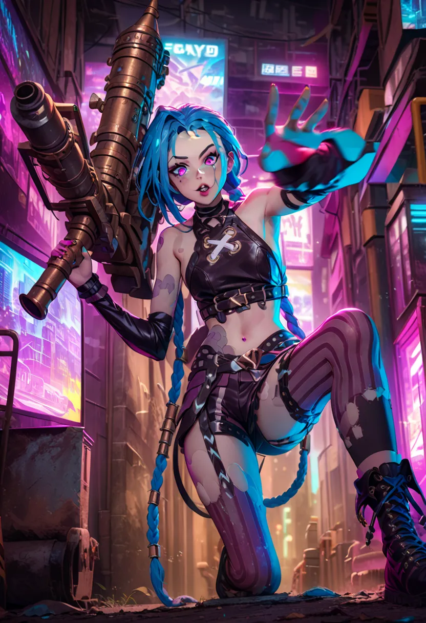 a mischievous girl with blue hair, detailed eyes, full lips, septum piercing, ripped stockings, holding a large rocket launcher,...