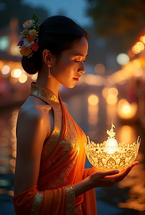 A woman wearing a Thai dress is praying for blessings from the Krathong in her possession to use the river float during the Loi Krathong festival.