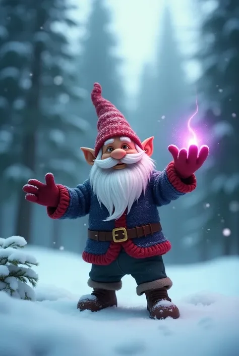 A small living garden gnome, a magician. With a magic right glove from which a small purple glow escapes. He stands in an attacking position. In the winter forest