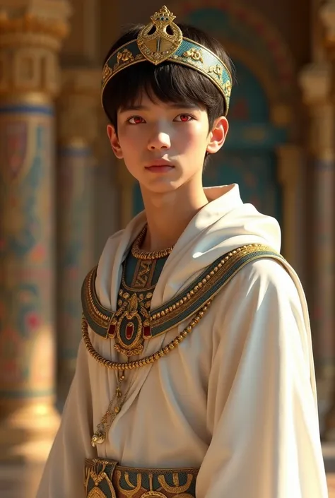 Egyptian Prince,
white pele, 
ruby eyes, 
 Omega
Egyptian clothes made of fine white fabrics
Inside the Egyptian Palace,
16-year-old boy
Pretty short hair,
Wearing a crown with a snake symbol
Fringe covering one eye . AI realism  