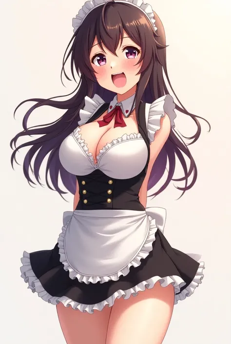 The Japanese anime girls Ahegao expression and her boobs are big, she is very sexy, very slim, and is wearing a maids suit