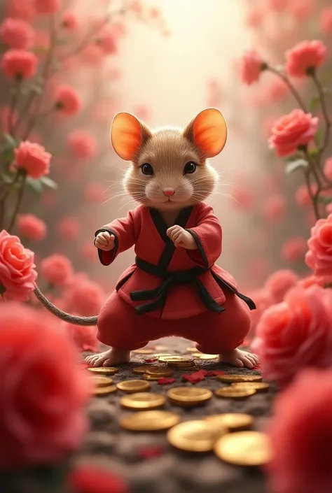 A lot of Roses, martial arts mouse girl with martial arts belt on her waist and lots of lucky coins

