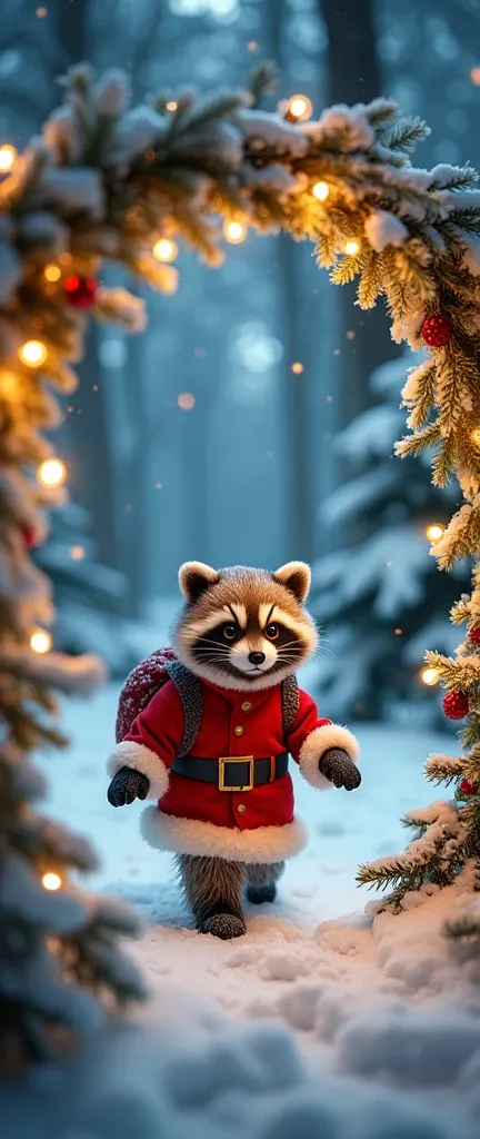 A photo of a cute extra fluffy baby realistic raccoon ornate Christmas decoration. The raccoon is dressed in a Santa traditional red suit, carrying a sack on its back, and walking through a snowy forest. The background shows a snowy, moonlit scene with a s...