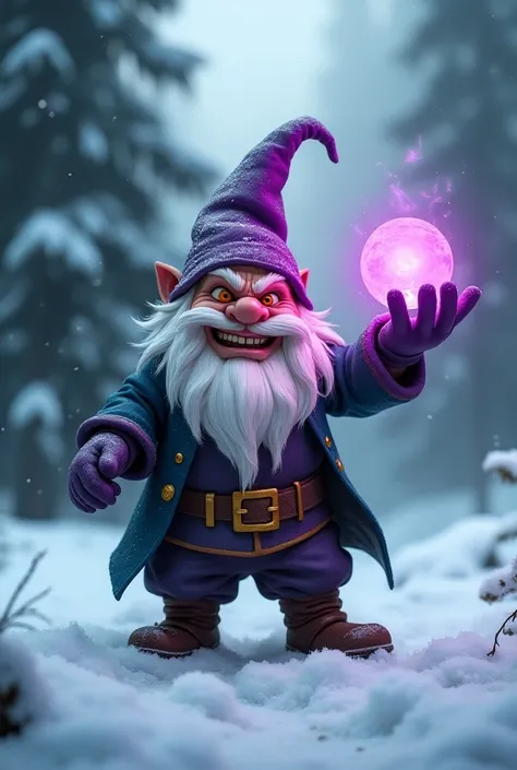 A small, lively, evil, garden gnome, magician. With a magic right glove from which a small purple glow escapes. He stands in an attacking position. In the winter forest