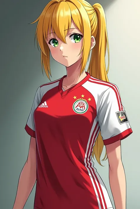 Serious Anime Girl Yellow Hair and Green Eyes with Ajax FC Kit