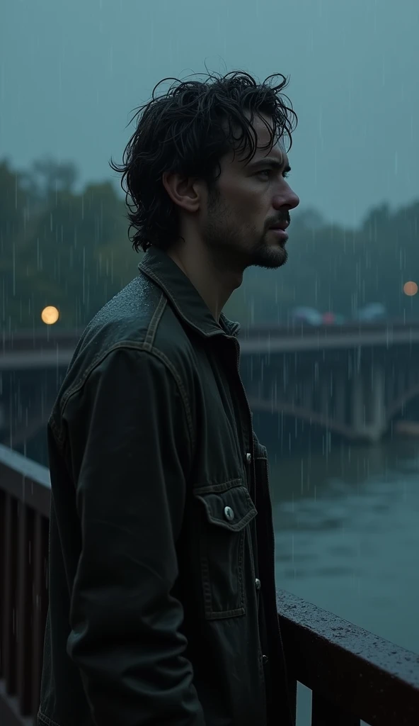 "Lucas, a man around 35 with medium-length wavy dark brown hair and a light stubble, stands on the bridge in heavy rain. He wears a worn, dark jacket over a slightly unbuttoned shirt, showing a casual, unkempt appearance. His expression is one of deep pain...