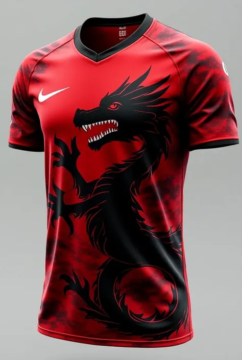 Design a jersey with a soccer team logo with a dragon written on it "601"

in red and black colors
