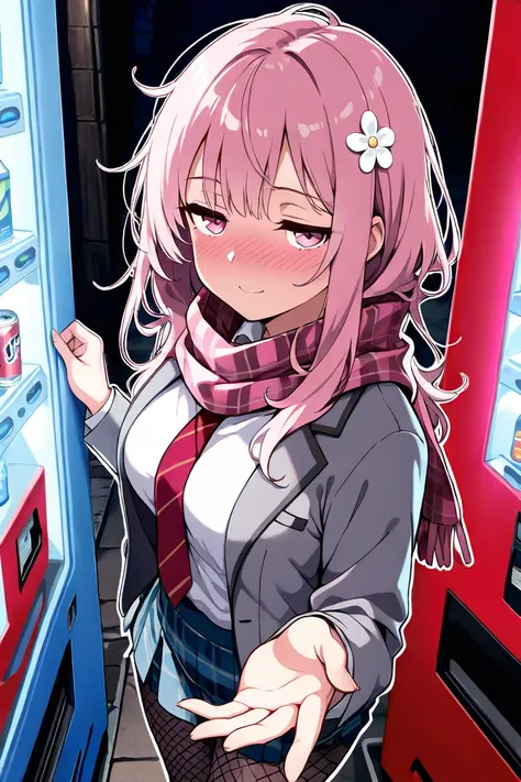 cinematic angle,portrait,leaning against vending machine,slightly smile,profile,side glance,She holds a can of juice in each hand and offers one of them to the viewer,one arm reaching,nose blush,1girl,solo,16yo,cute,kawaii,parky,medium breasts,beautiful pi...