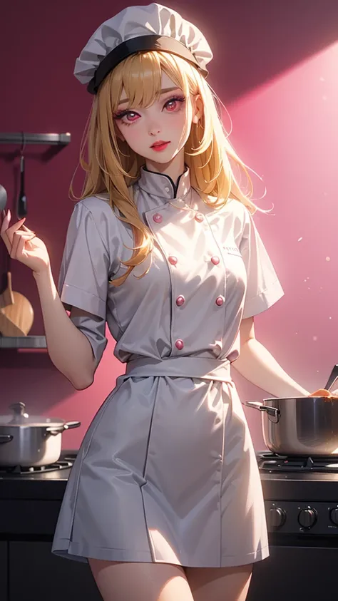 kitagawa marin, (((red eyes))), (((Blonde hair))), 
(cowboy shot), from front, (nsfw), (((fancy kitchen))), (((dinner focus))), ((Your mouth is dirty with sauce from cooking)), 
1girl, chef, cooking, smiling, Glowing Skin, Sexy and Beautiful woman, Celebri...