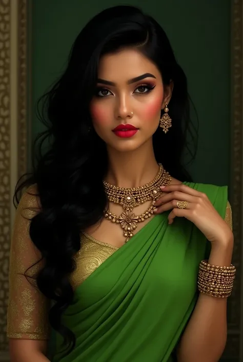 A pretty Young women her skin tone is extra white and her lipstick is extra red colour apply Kajal on her eyes eyes ball is red and straight and long black hairs mid partition wearing green saree and blouse and wearing Golden necklace in our neck and weari...