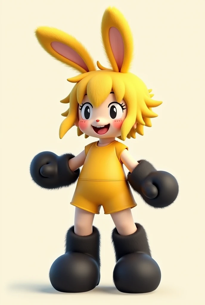 A yellow-haired human rabbit wearing short yellow clothes with black gloves and giant socks 