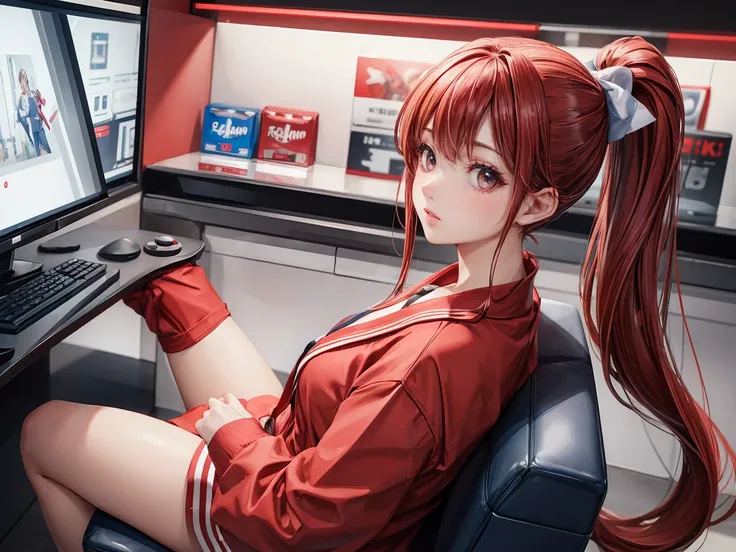 ( Best Quality ,  super detailed, 8K,  Ultra HD:1.2),   a woman playing video games in a shopping mall,  wears red sailor suit,Long hair tie high ponytail, Around 1985 