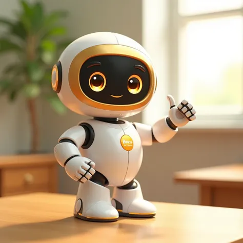 The picture shows a cute ,  cartoon robot named Botya ,  designed for teachers .  The robot has a white body with golden elements ,  big kind eyes and a friendly smile .   One hand of the robot raised in a welcome gesture .  On the robots chest there is a ...