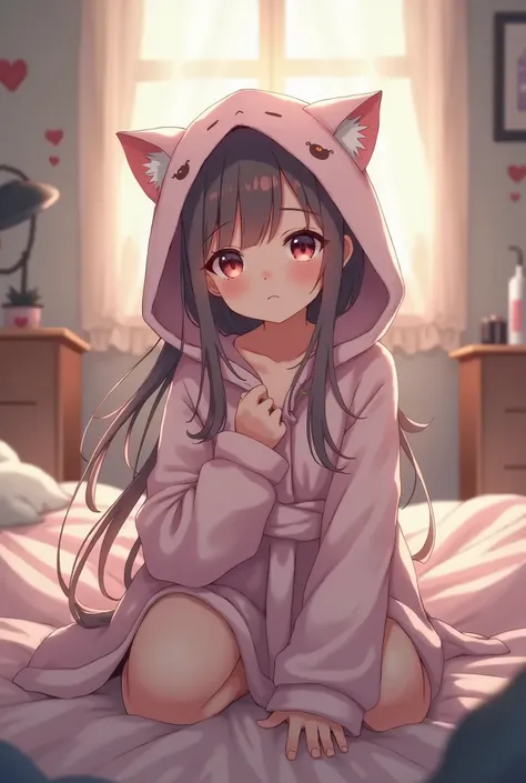 master peace、 1 girl、 beautiful eyes、long hair、 white skin、Waking up、ふわふわのroom着、Cat ear hoodie、cute、room、bet、 messy、 anime style、masterpiece、intricate details