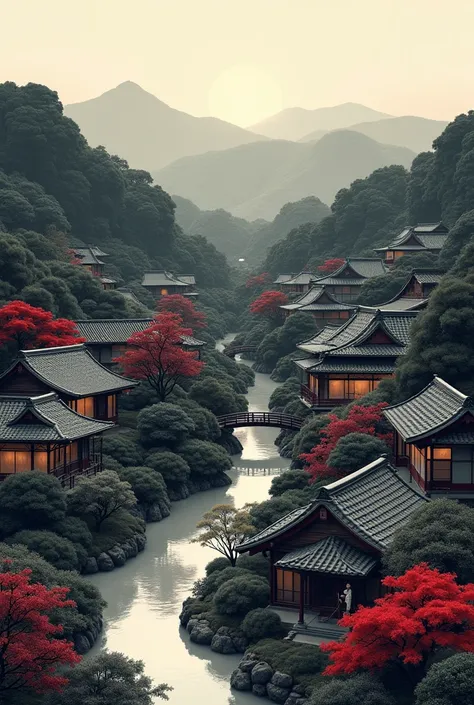 Draw me a Japanese landscape with Japanese houses 
with black grey maroon red black colors in overview, Super Detailed, Tachi-e, Mannerism, 