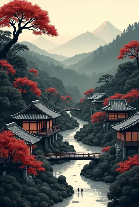 Draw me a Japanese landscape with Japanese houses 
with black grey maroon red black colors in overview, Super Detailed, Tachi-e, Mannerism, 