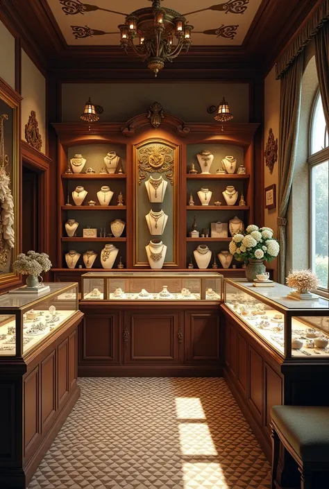 Make an interior of a jewelry store with fanciful realism that looks like a local 