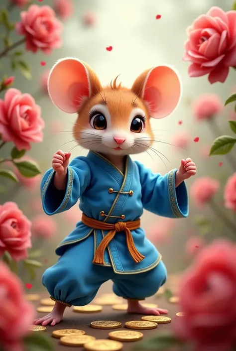 A lot of Roses, a beautiful mouse girl in blue martial arts outfit and lots of lucky coins

