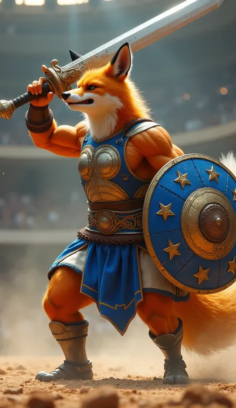 Close-up of a fierce humanoid fox gladiator, his fur a deep orange with black-tipped ears, contrasted by vibrant blue and white armor adorned with silver and gold accents, inspired by the colors of Cruzeiro, the Brazilian soccer team. His muscular build is...