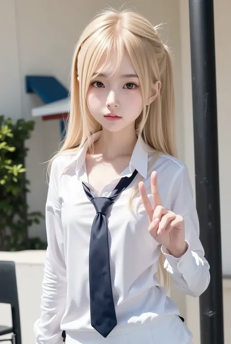 1 girl, solo, SHN realistic, blonde hair, school uniform,perfect face, pretty face, V sign