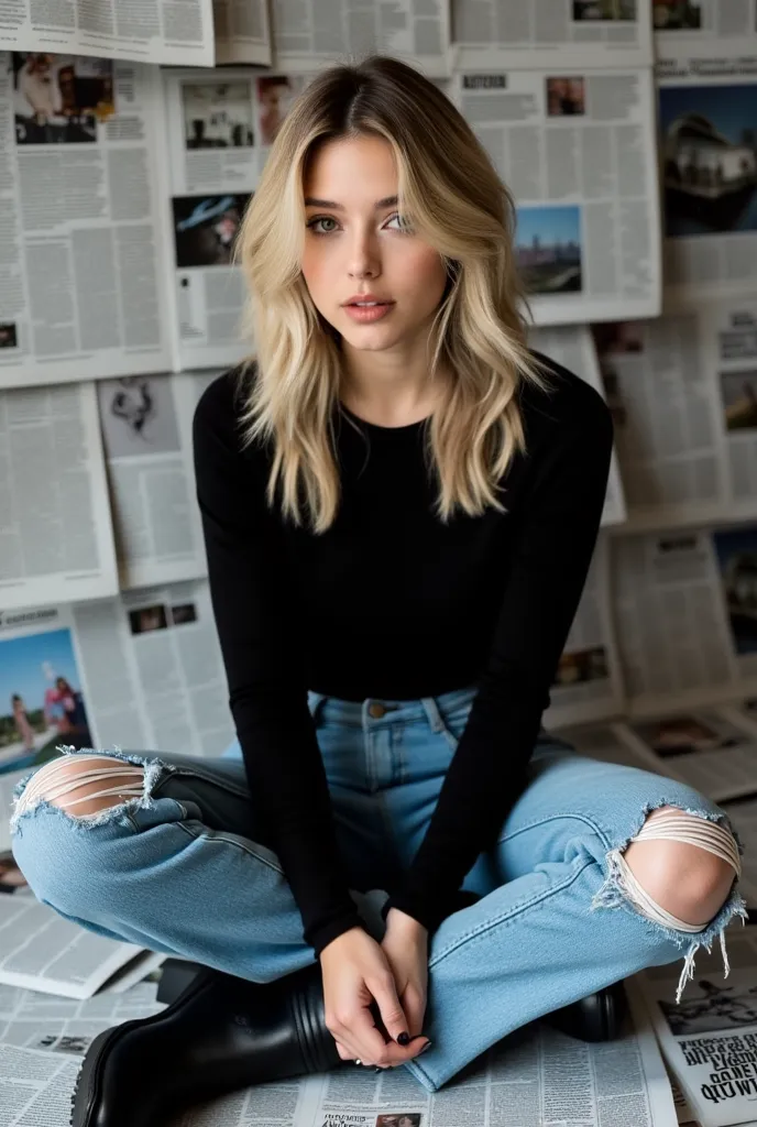 aesthetic posing, a young woman sitting on the floor in front of a large pile of newspapers. She is wearing a black long-sleeved top, ripped blue jeans, and black ankle boots. Her blonde hair is styled in loose waves and she is looking directly at the came...