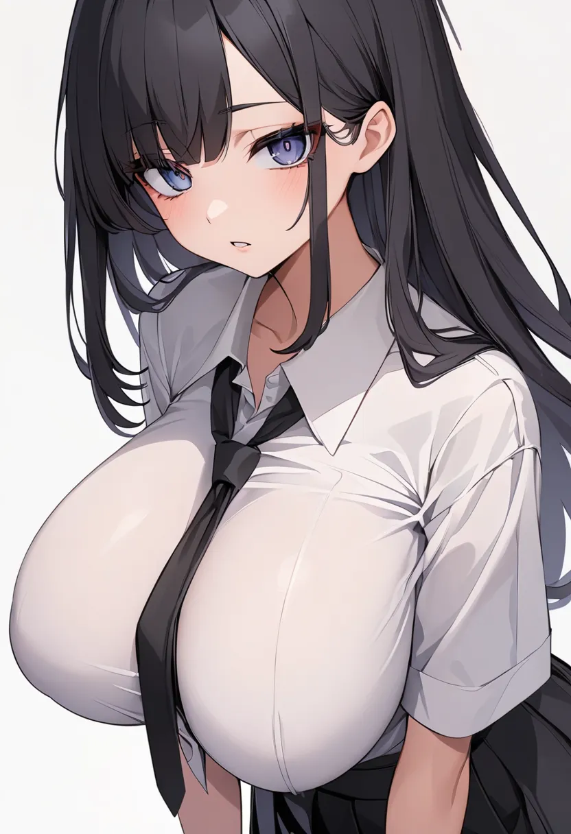 kim yun-seo : high school girl,  long black hair, sharp eyes ,chic look,  big boobs, intentions, white shirt top with slightly l...