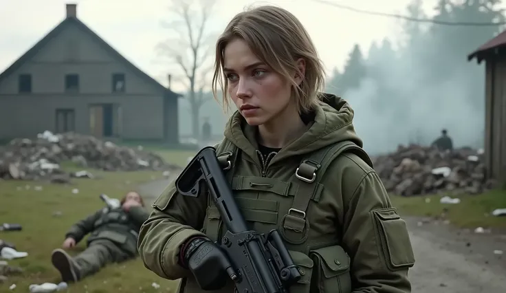 Masterpiece, a standing 20 yo Danish female Spec Ops operative medidating silently over the dead body of a fellow soldier, she is holding a HK416 with a 4X scope, she is wearing a spring camouflage uniform with full gear. Shis is fighting ina 2025 European...