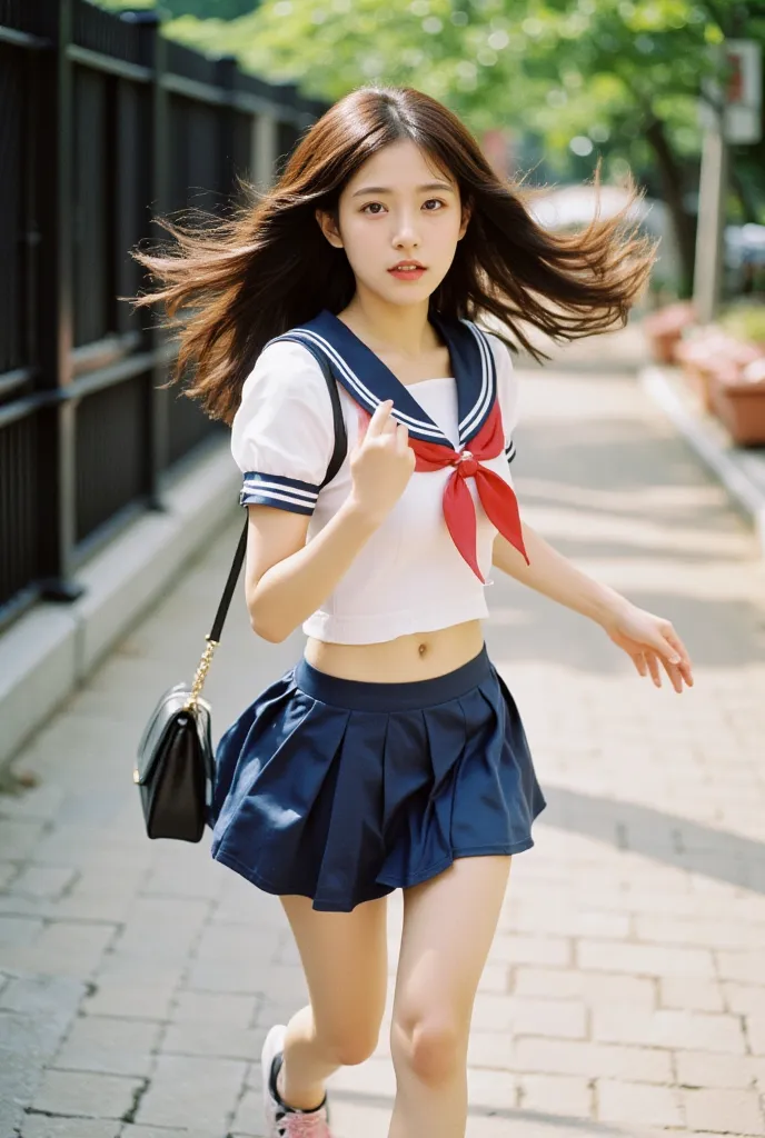 a girl running in a sailor uniform. the girl's face is a very pretty korean girl. glamorous girl, leather bag with shoulder stra...