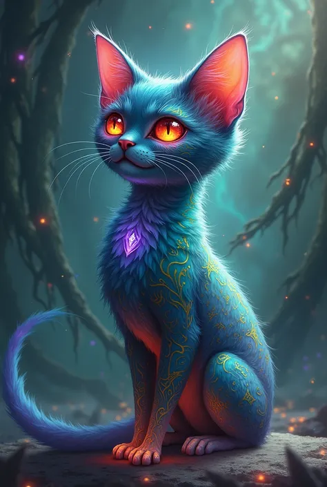 A cat with its red eyes and colorful body