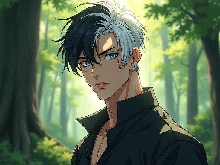 Alone,  High Resolution, Cheveux Courts, Left black and white hair on the right , blue eyes ,  scar on the cheek  ,  young man  , sexy , dans la foret , anime