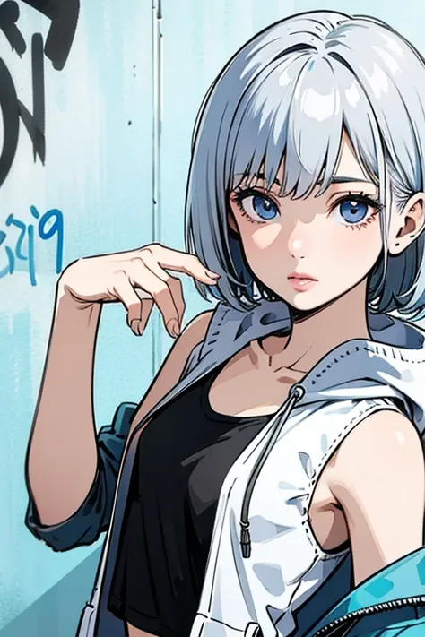 masterpiece, Highest quality, Very detailed, 8k, Realistic, super close up of chest, focus on chest, One Girl, alone, Very detailed face, (head shot:1.5), Standing in front of a wall covered in hip hop graffiti, Cyberpunk neon cityscape,Pixie cut white hai...